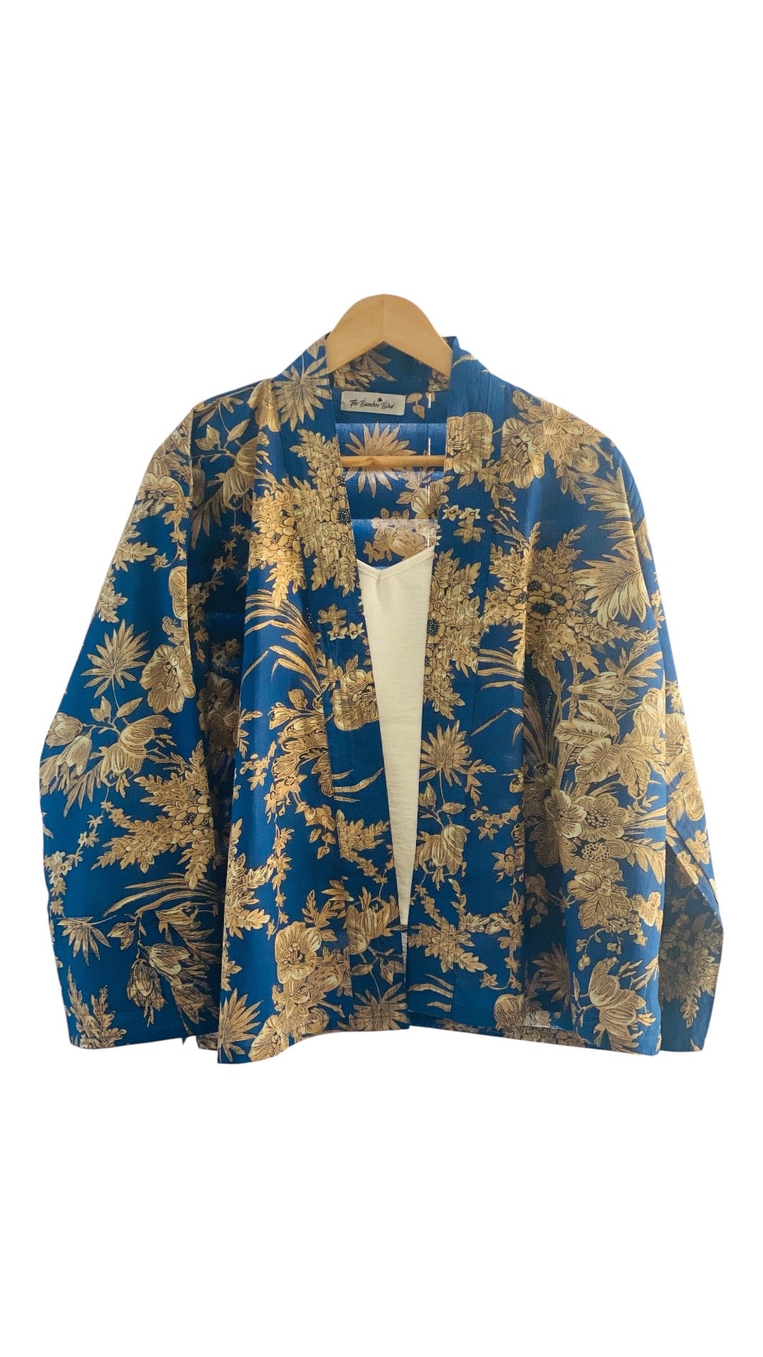 Bright Blue Kimono Jacket with Cream Flowers