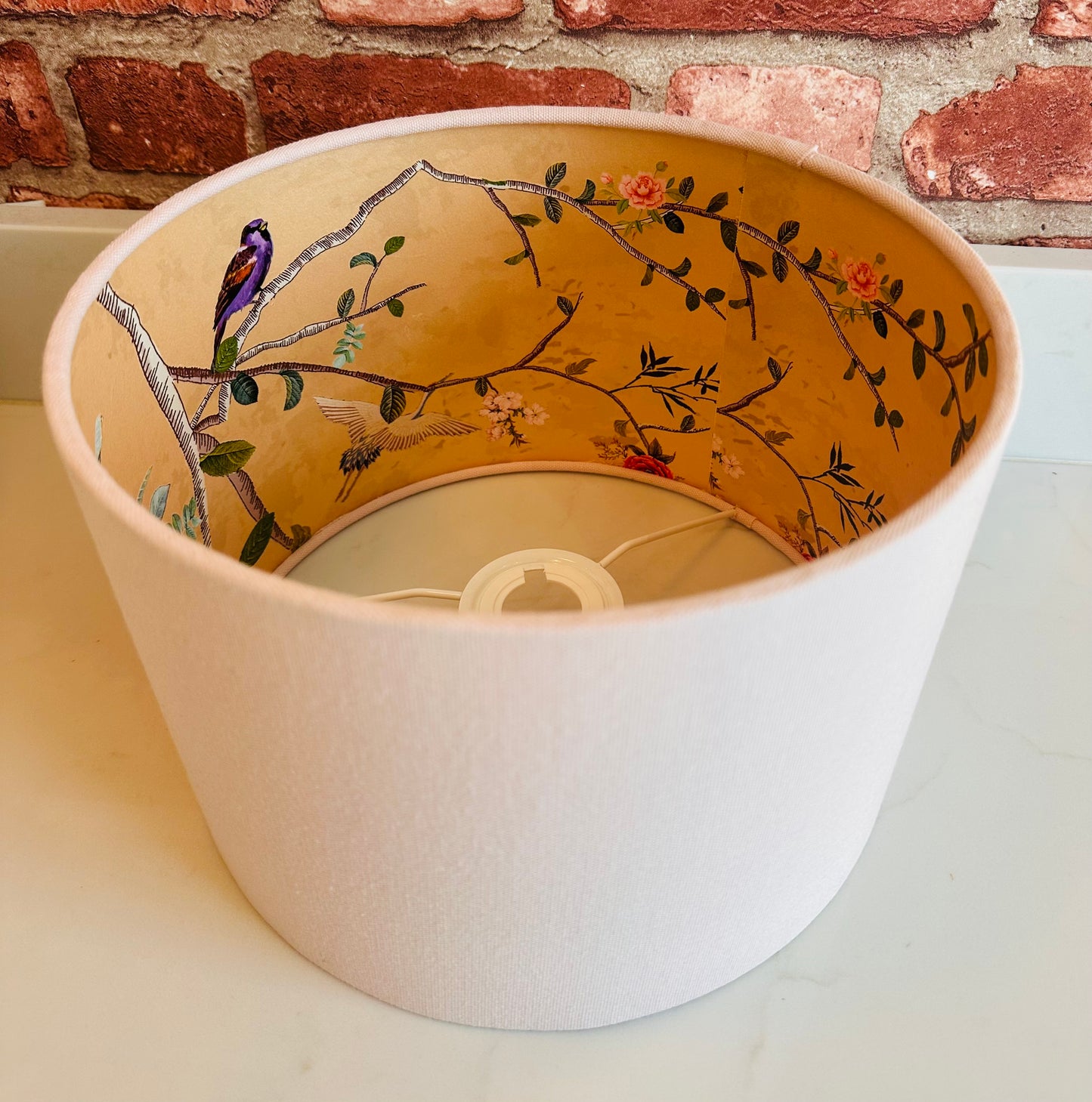 Pale Pink Lampshade with Gold Chinoiserie Bird Lining | Luxury Handmade Drum Lampshade