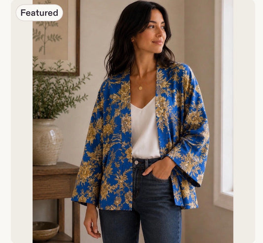 Bright Blue Kimono Jacket with Cream Flowers - Standard and Plus Size
