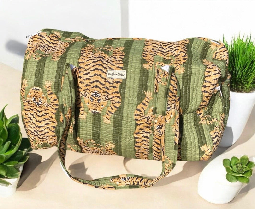 Green Tiger Quilted Weekend Duffel Bag - Stylish Travel Bag | The Bamboo Bird