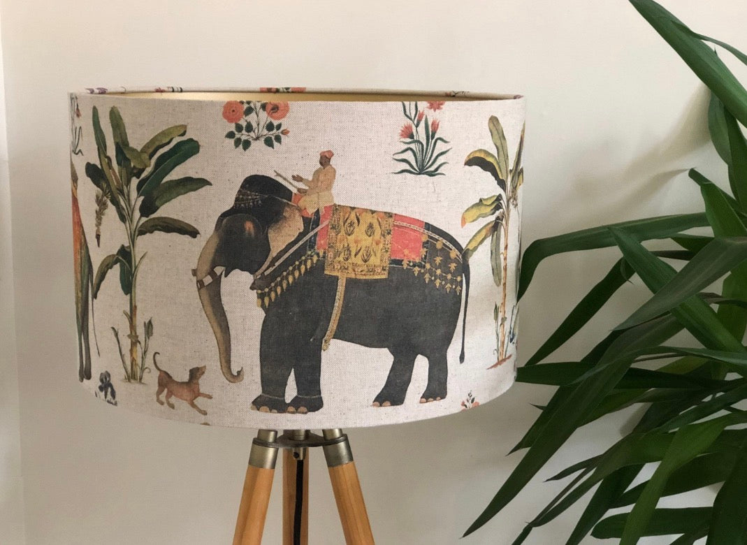 Indian Maharaja and Elephant Linen Drum Lampshade in Cream