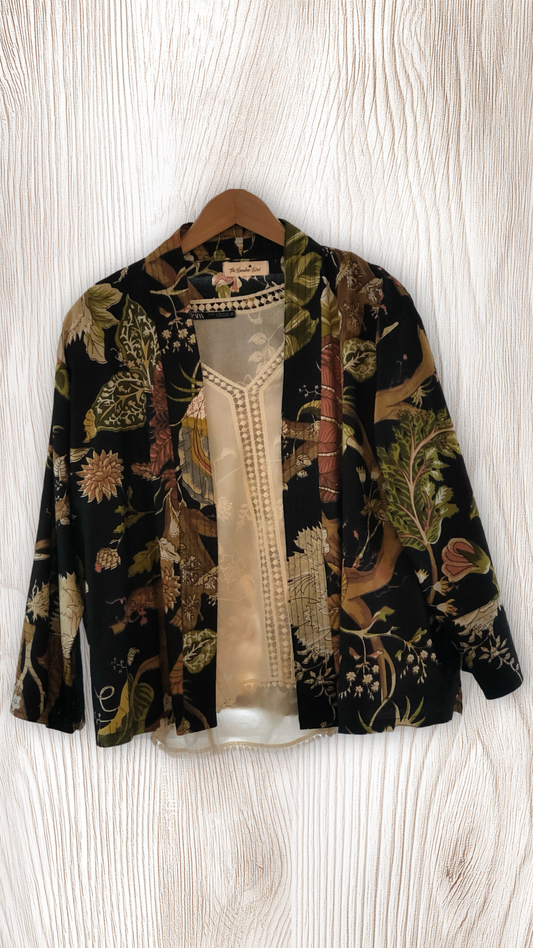 Black Kimono Jacket with Yellow and Green Flowers