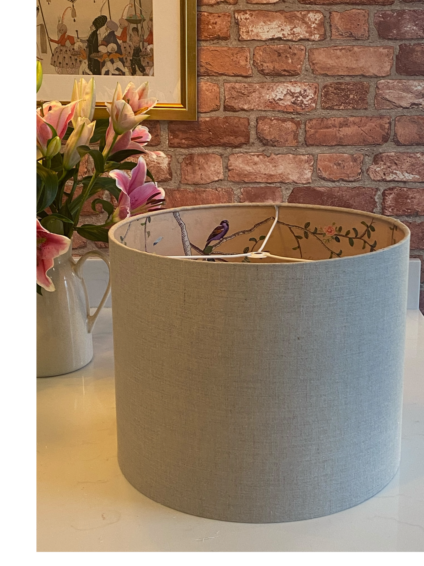 Natural Linen Lampshade with Gold Chinoiserie Bird Lining