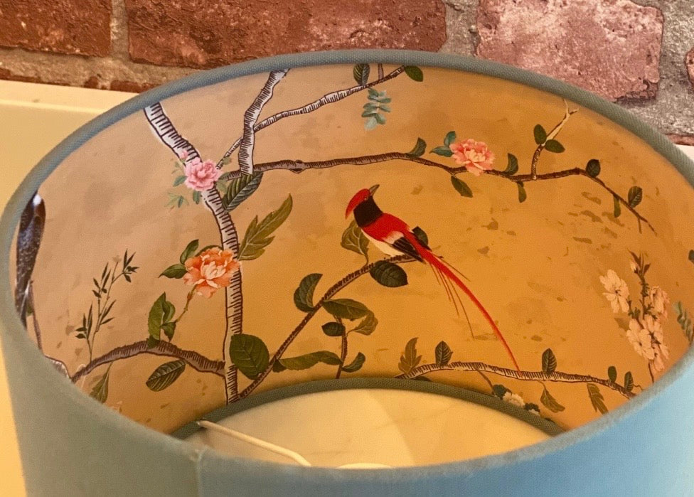 Eggshell Blue Lampshade with Gold Chinoiserie Bird Lining
