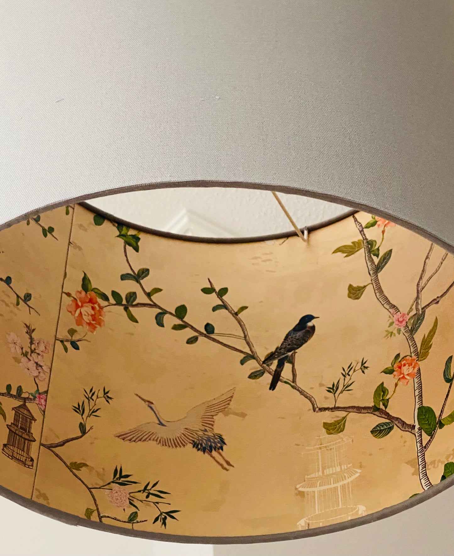 Grey Lampshade with Gold Chinoiserie Bird Lining