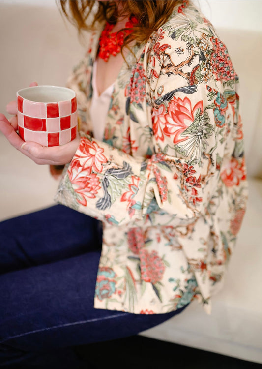 Pale Pink Chinoiserie Kimono Jacket with Birds and Flowers