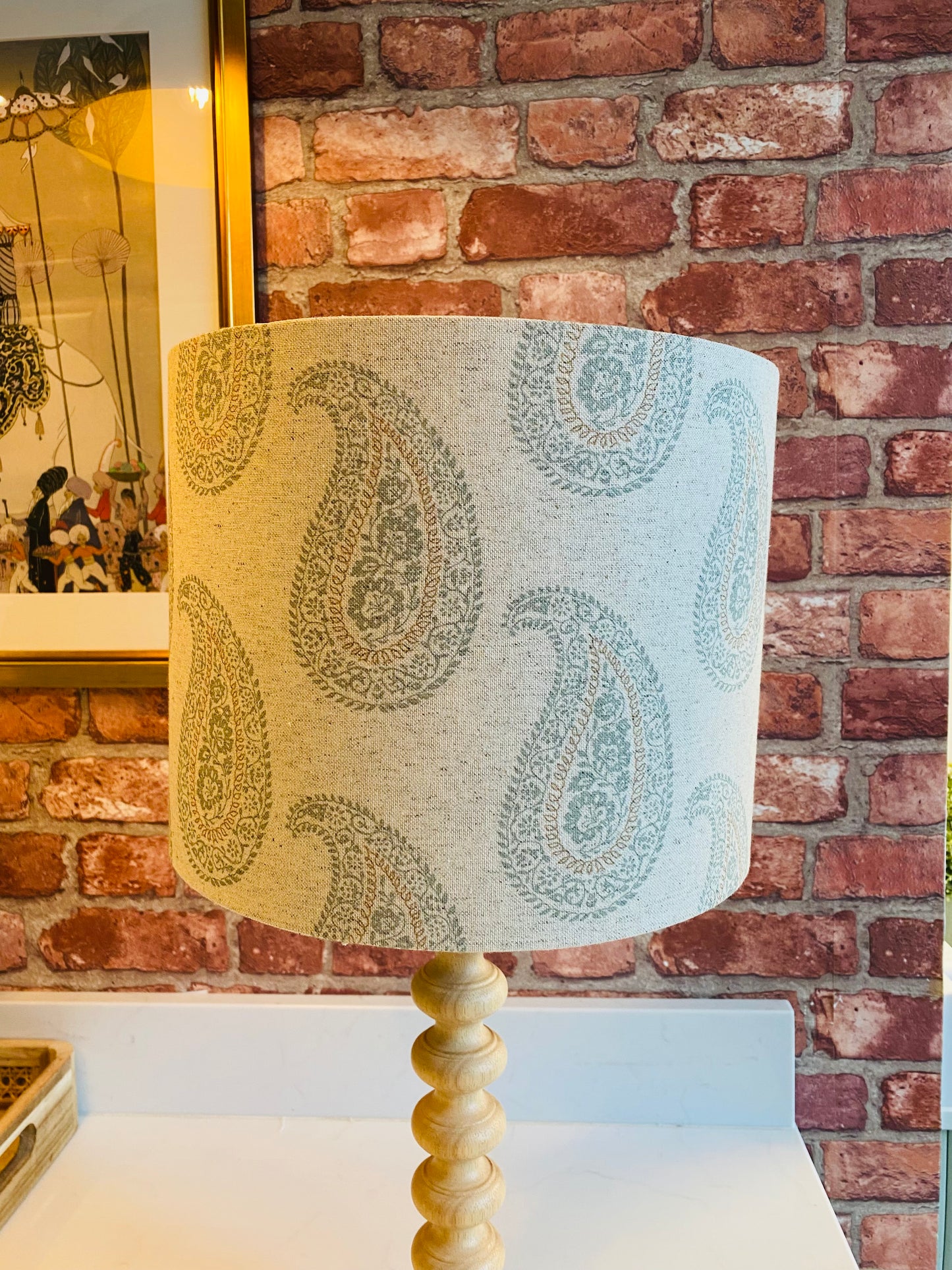 Block Print Linen Lampshade in Duck Egg Blue and Fawn with Brushed Gold Lining