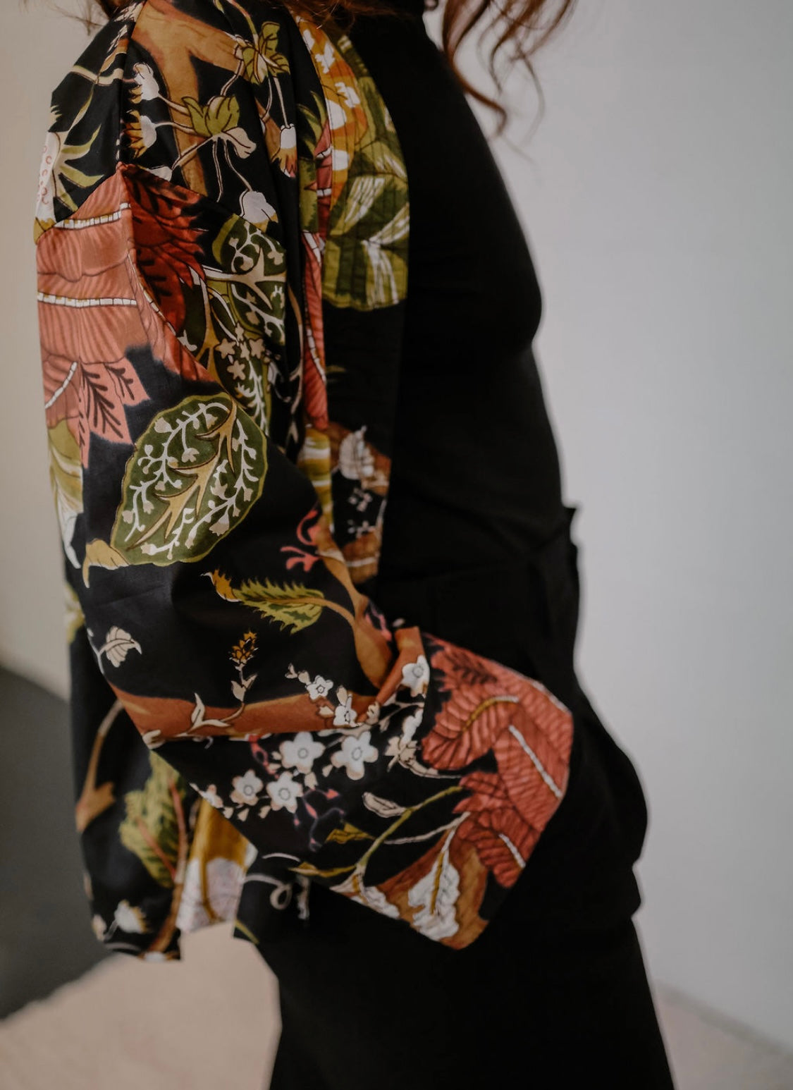 Black Kimono Jacket with Yellow and Green Flowers