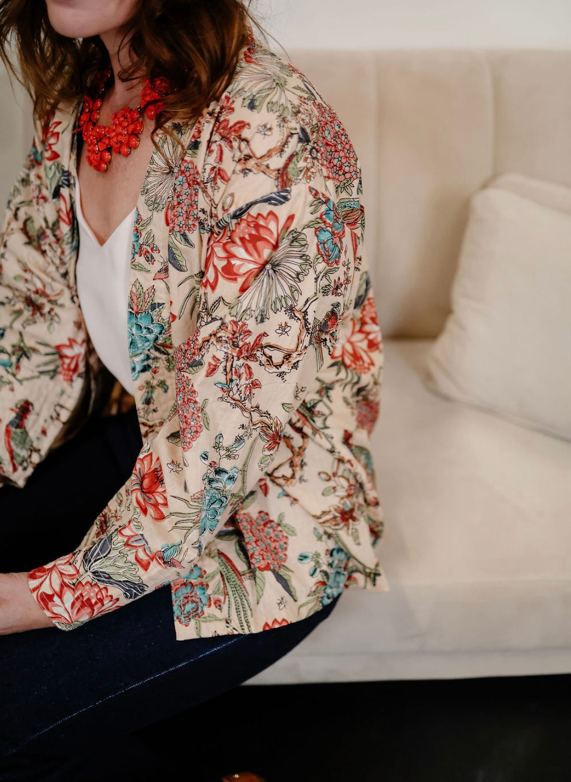 Pale Pink Chinoiserie Kimono Jacket with Birds and Flowers