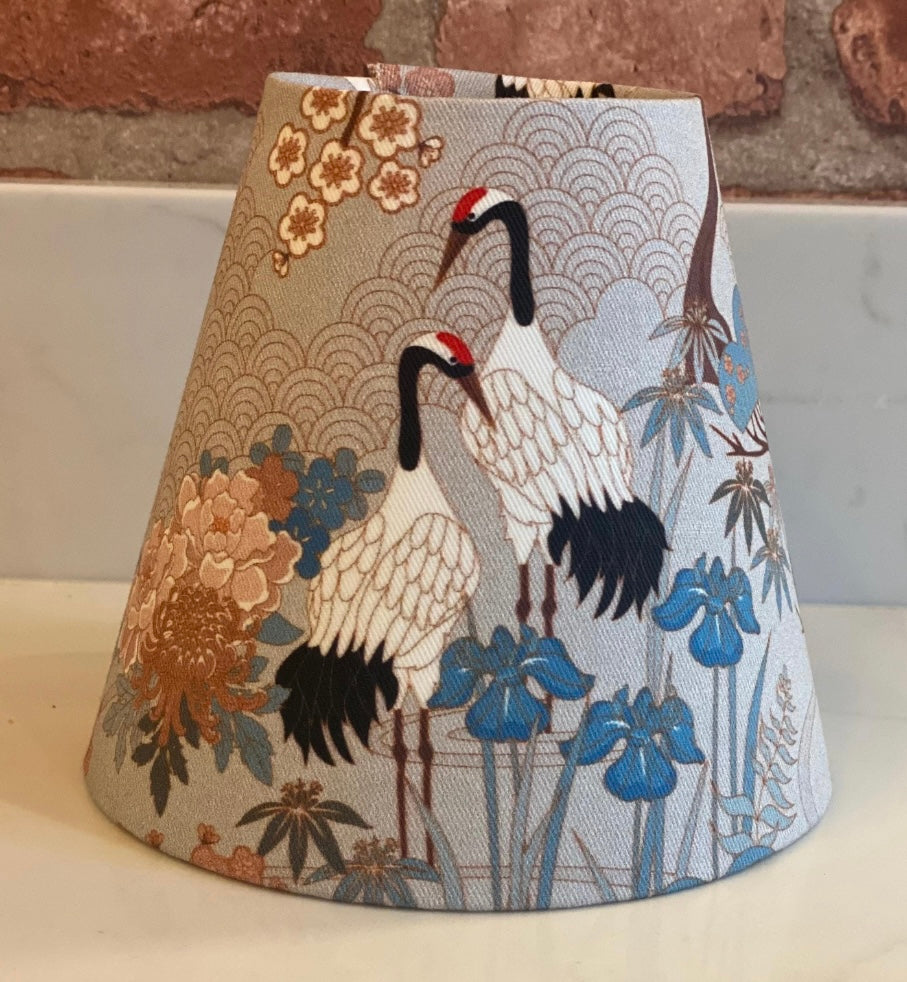 Clip-on Japanese Crane Lampshades in Blue/Grey, Sage and Cream/Plum for Wall Lights and Chandeliers