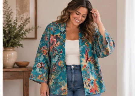 Cotton Kimono Jacket in Turquoise with Pink, Yellow and Blue Flowers - Standard and Plus Size