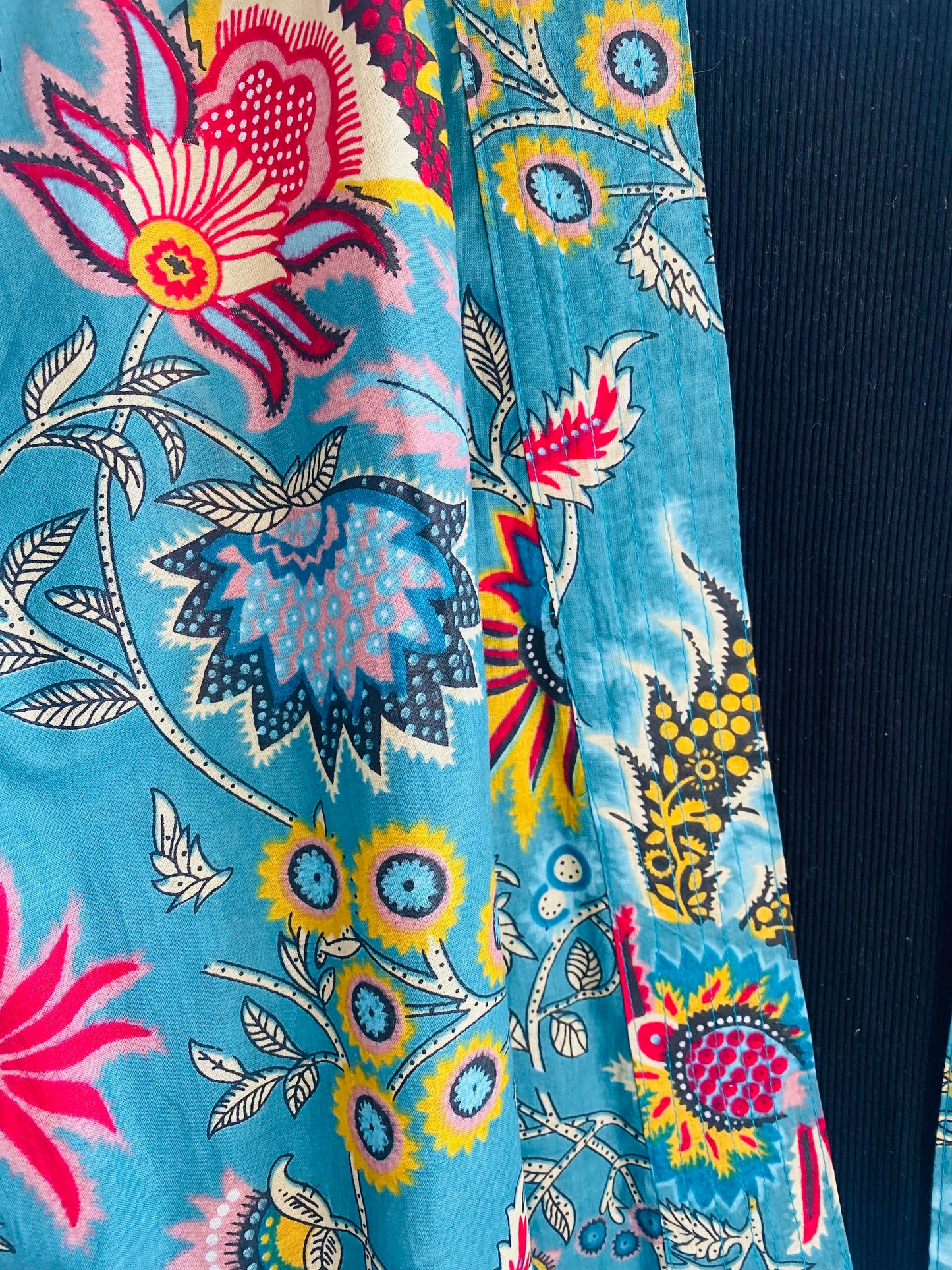 Cotton Kimono Jacket in Turquoise with Pink, Yellow and Blue Flowers
