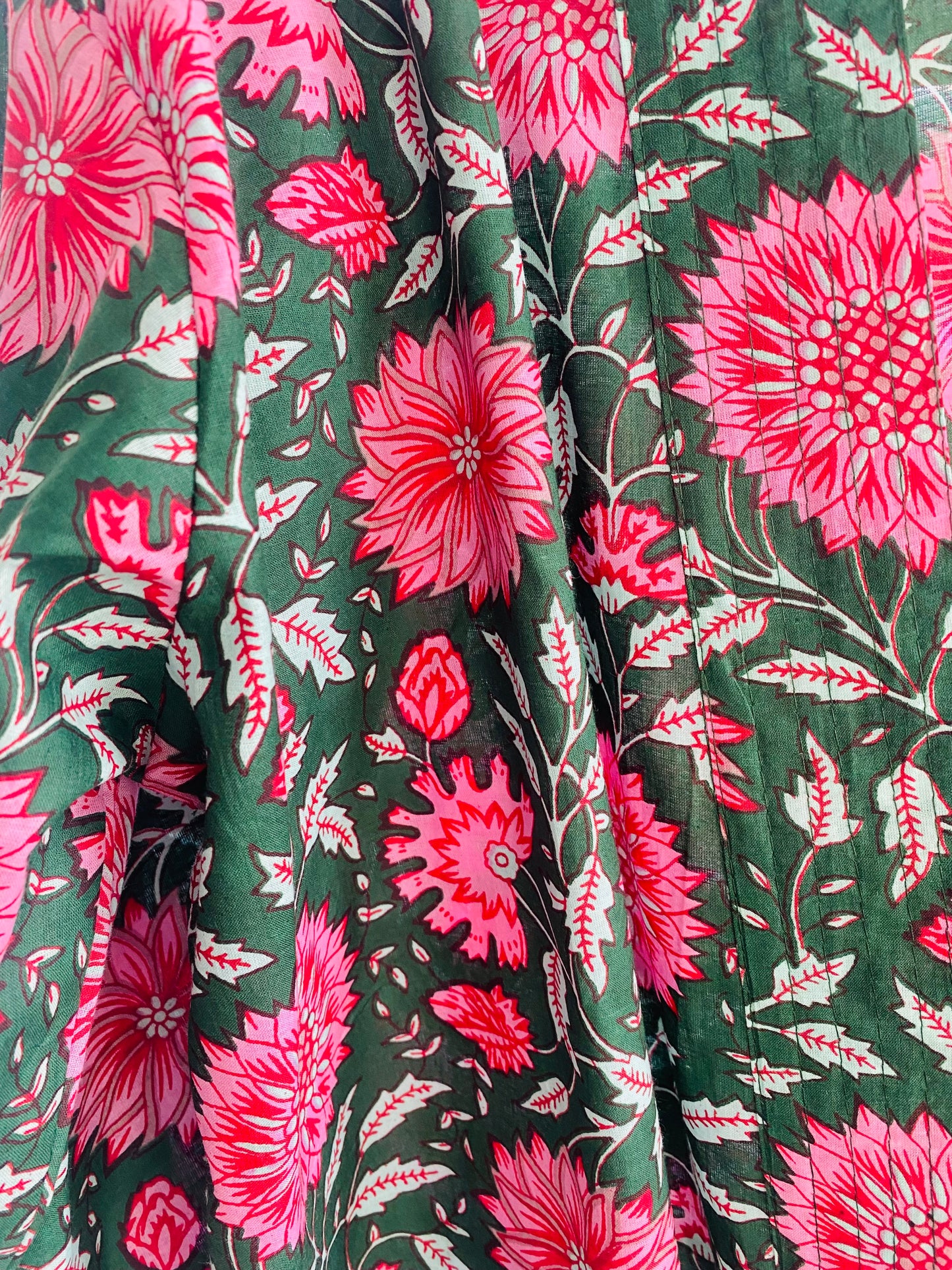 Cotton Kimono Jacket in Dark Green with Pink Flowers