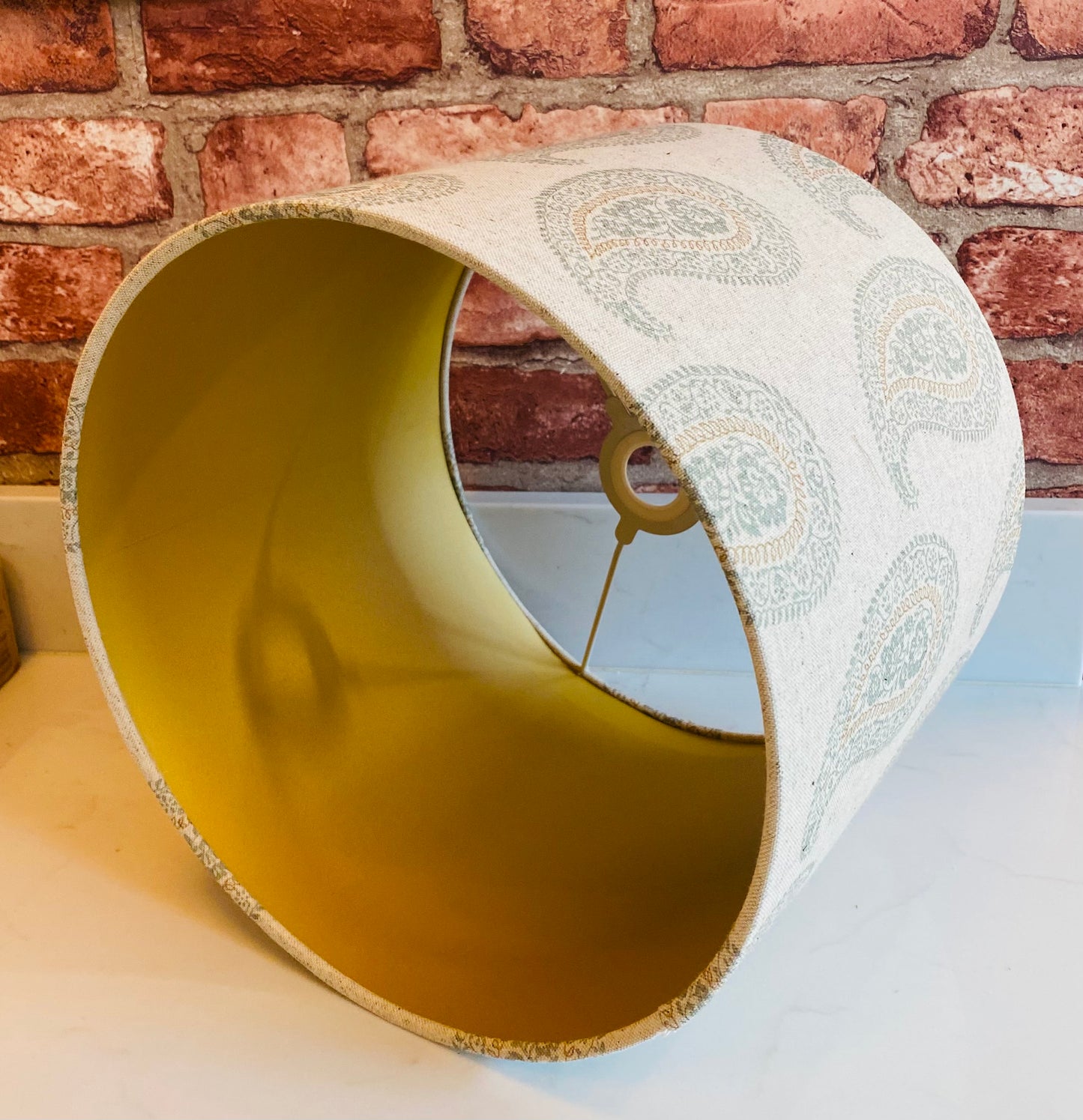 Block Print Linen Lampshade in Duck Egg Blue and Fawn with Brushed Gold Lining