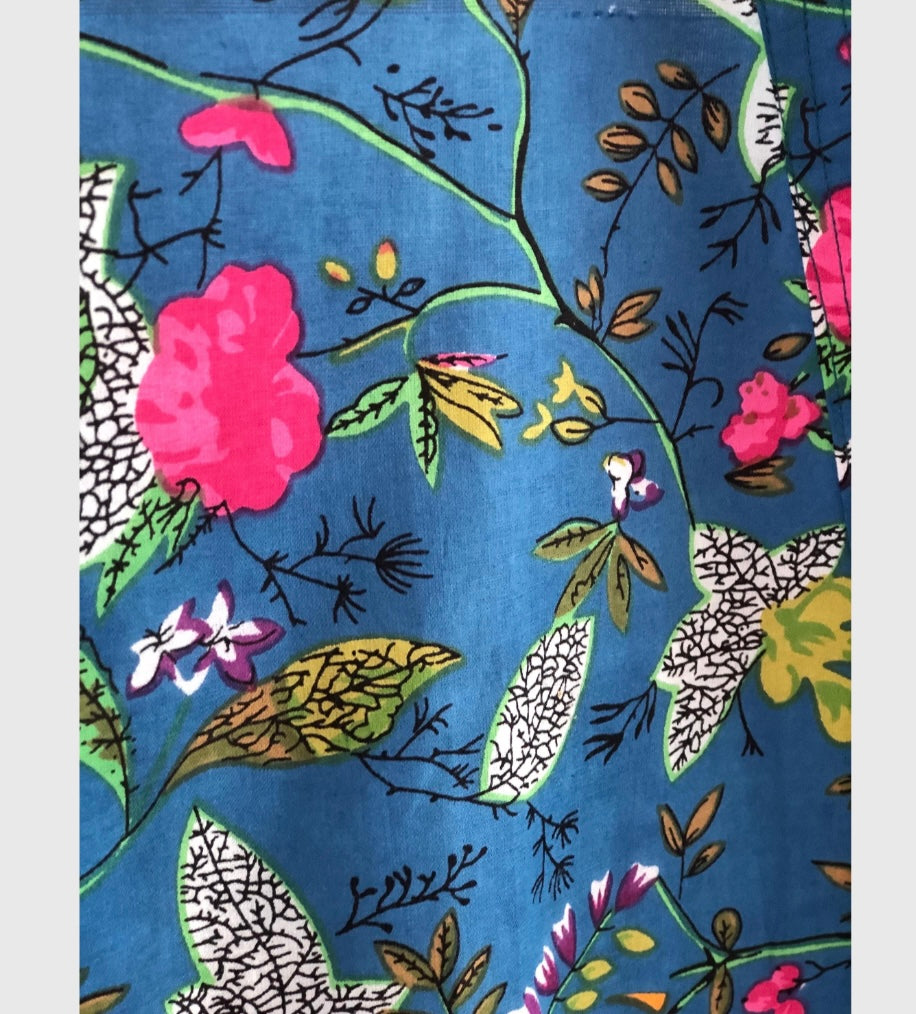 Cotton Kimono jacket in bright blue with yellow, pink and green flowers