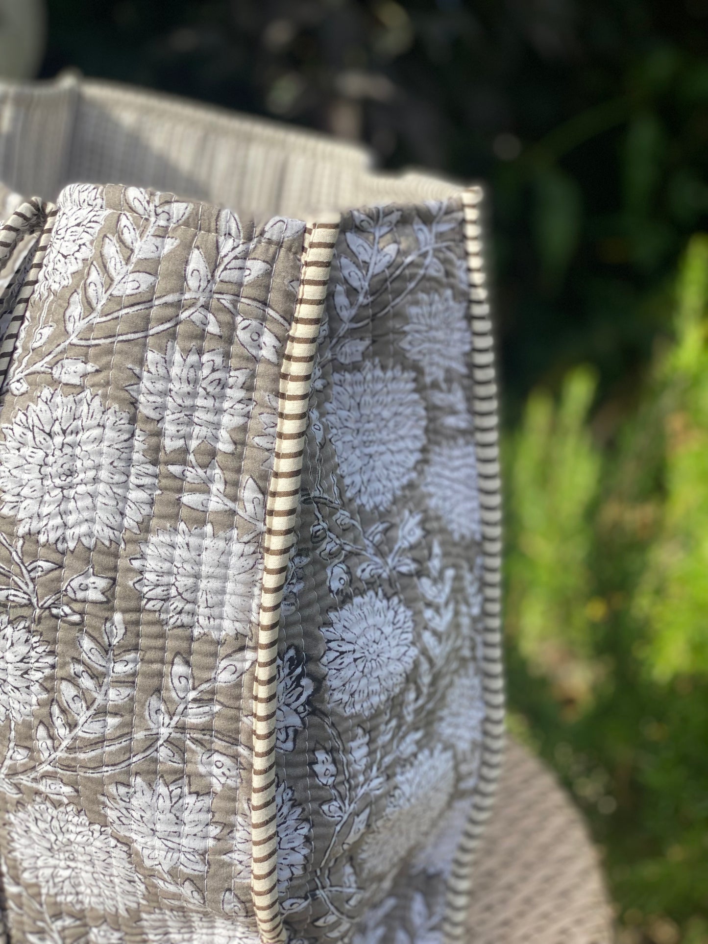 Grey Floral Quilted Tote Bag
