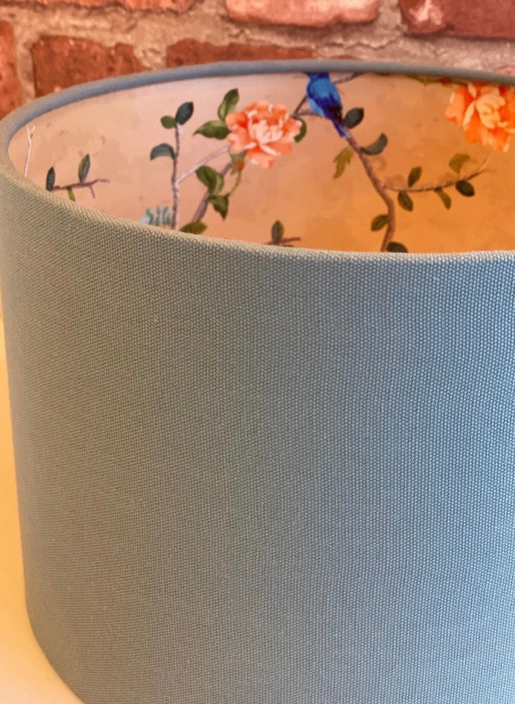 Eggshell Blue Lampshade with Gold Chinoiserie Bird Lining