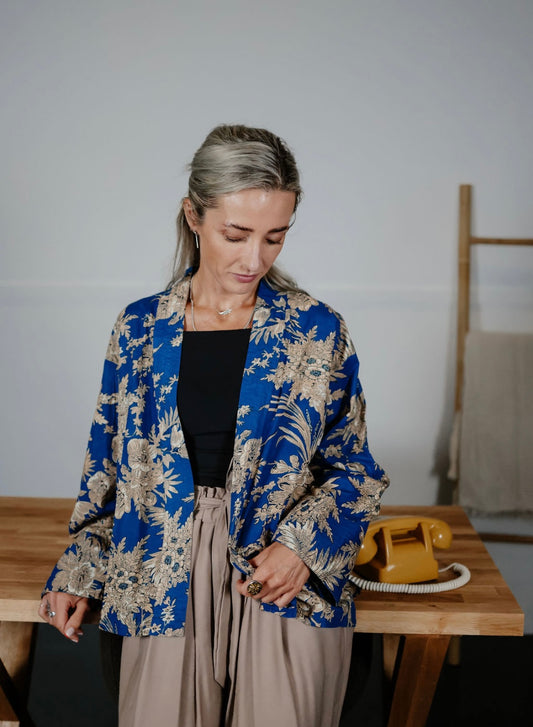 Bright Blue Kimono Jacket with Cream Flowers