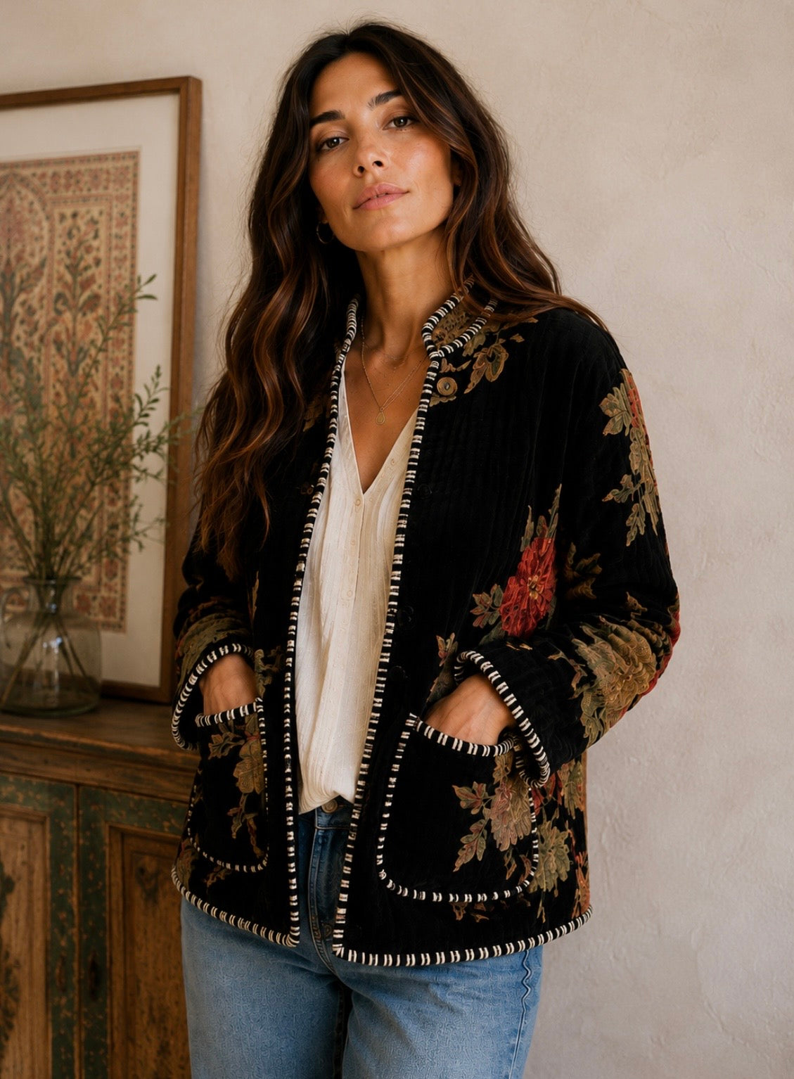 Black Velvet Jacket - Boho Floral Jacket