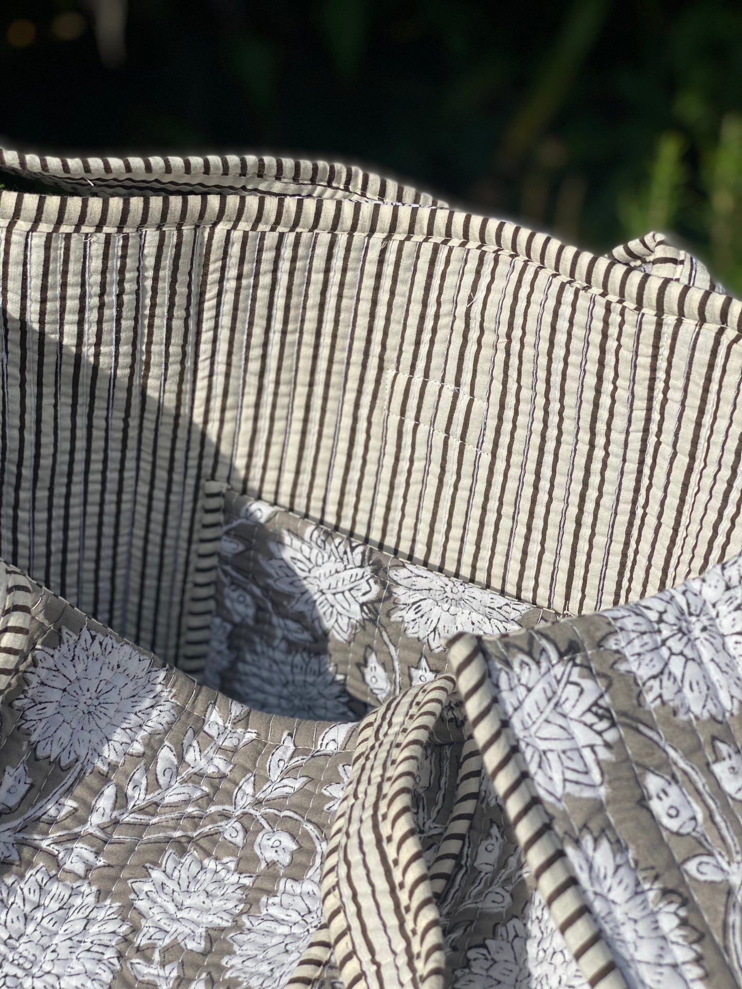 Grey Floral Quilted Tote Bag