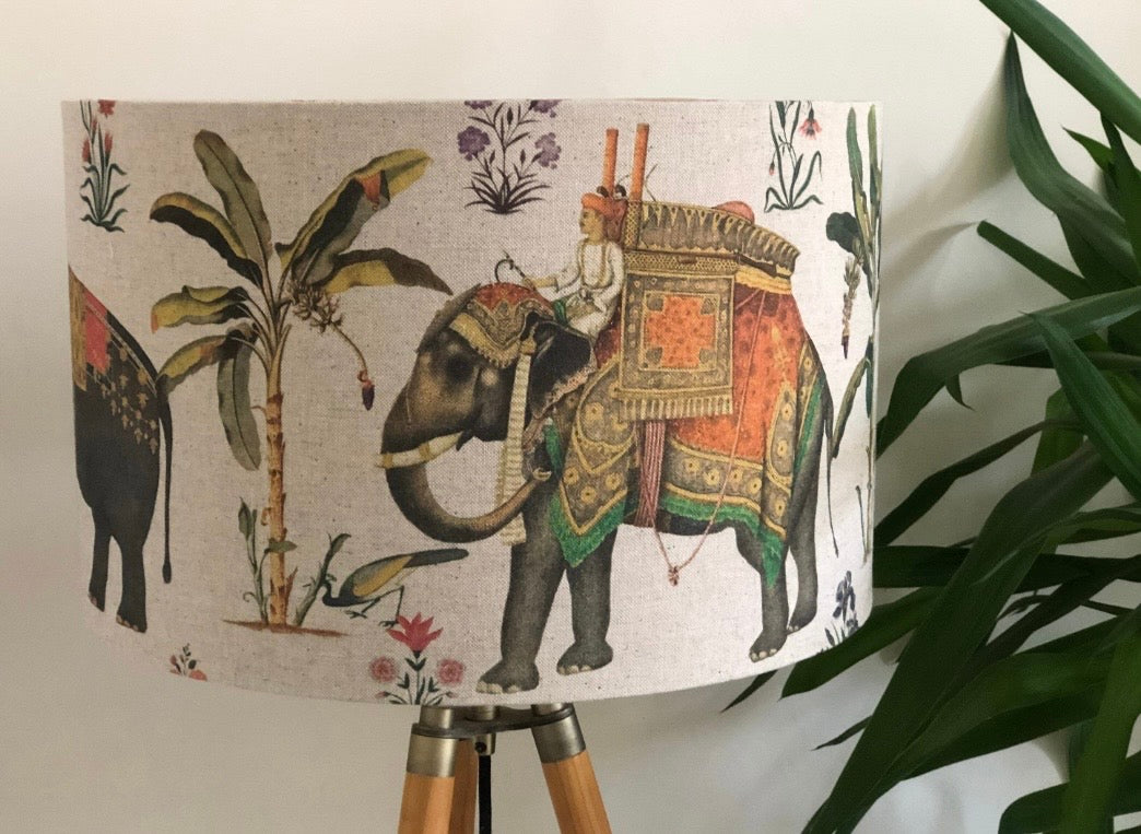 Indian Maharaja and Elephant Linen Drum Lampshade in Cream