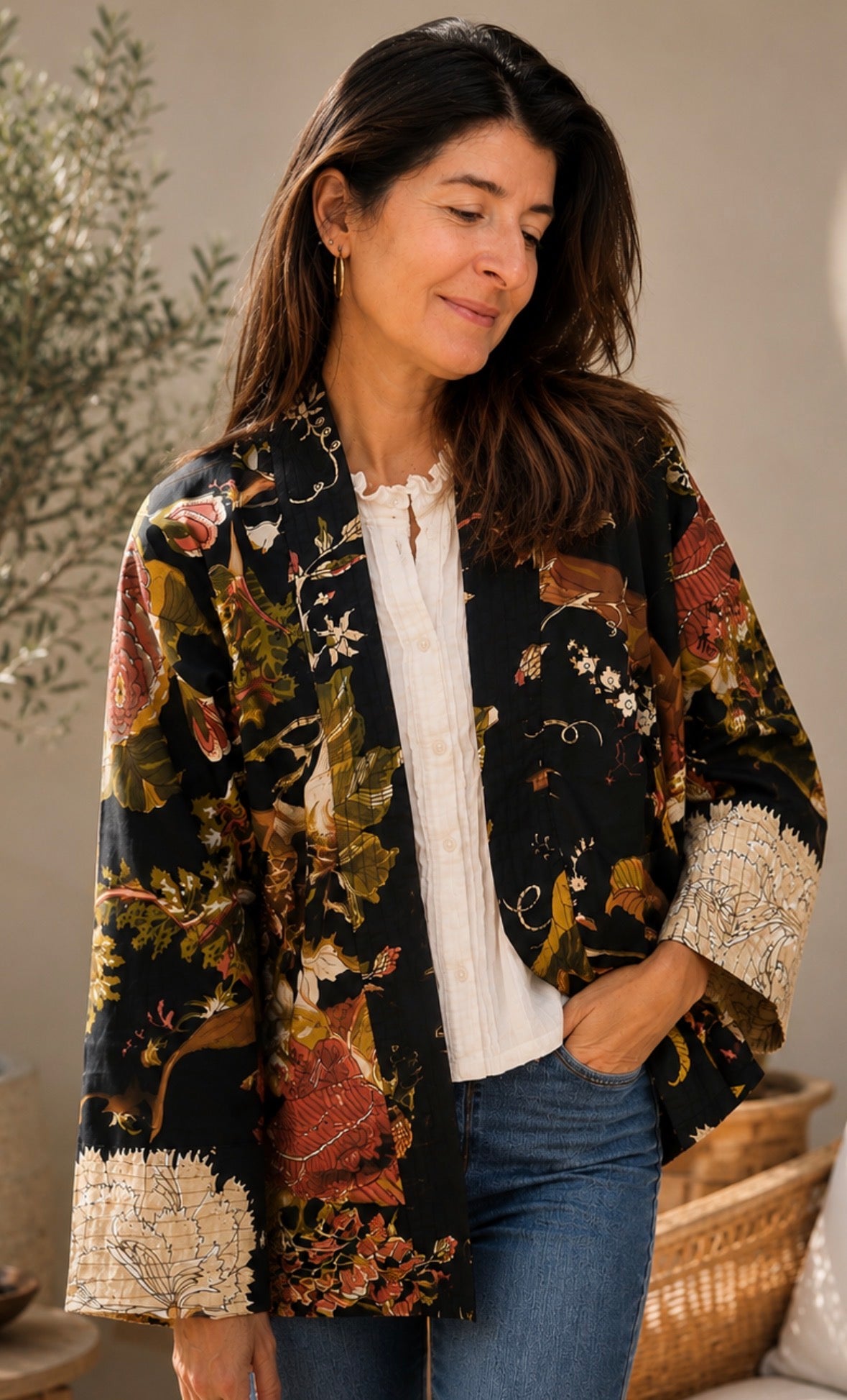 Black Kimono Jacket with Yellow and Green Flowers