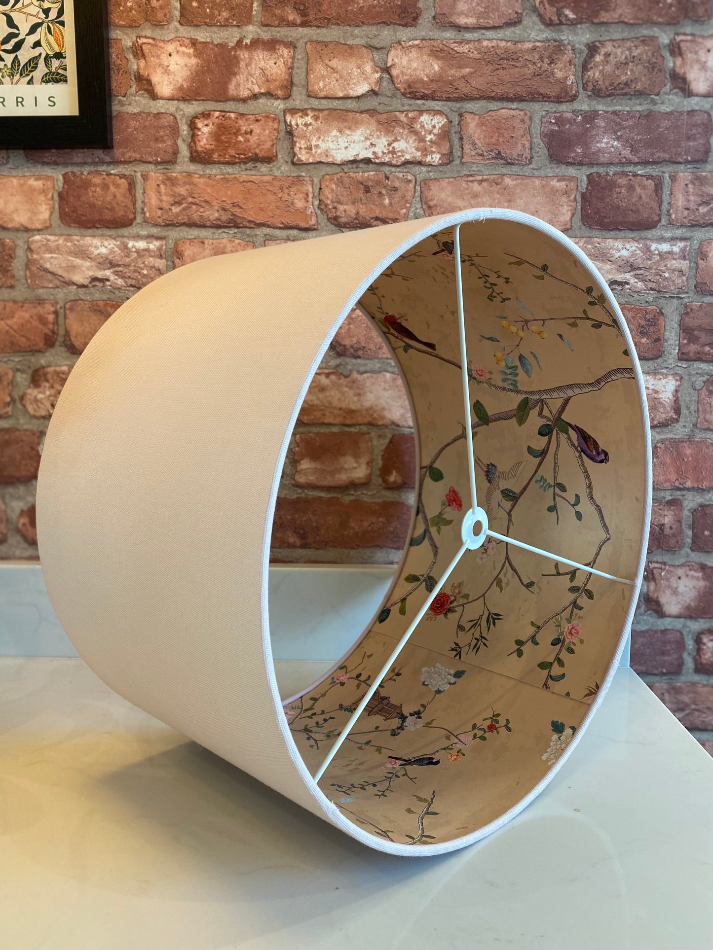 Pale Pink Lampshade with Gold Chinoiserie Bird Lining