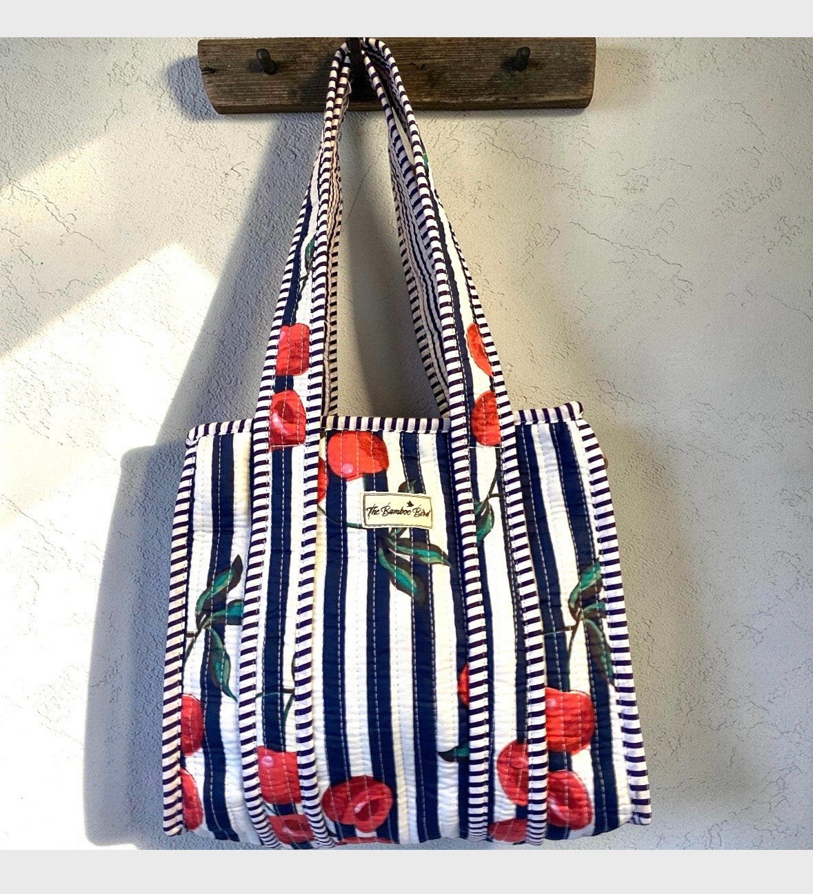 Mini Tote Bag - Blue and White Cherry Stripe