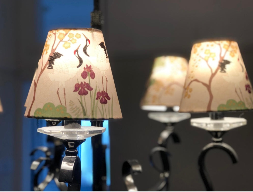 Clip-on Japanese Crane Lampshades in Blue/Grey, Sage and Cream/Plum for Wall Lights and Chandeliers