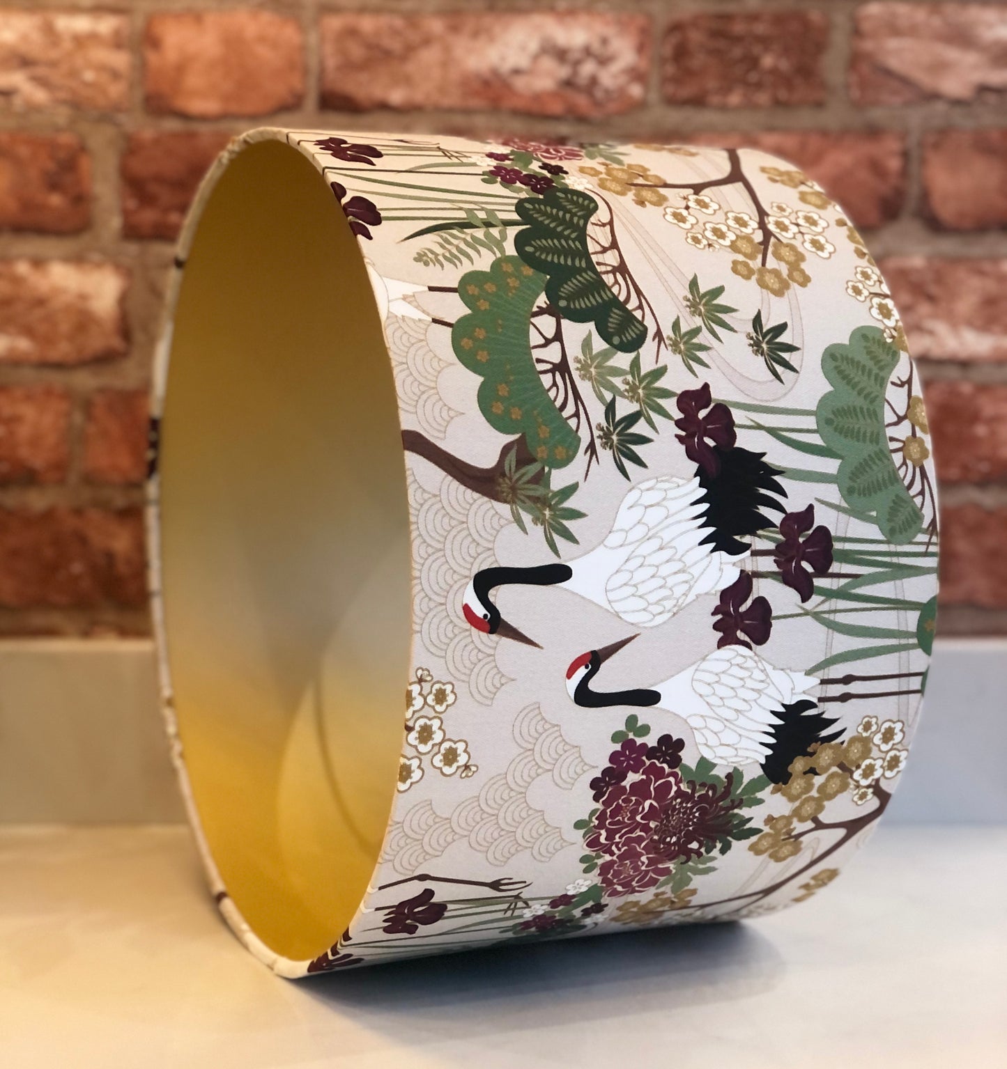 Green, Gold and Plum Japanese Crane and Cherry Blossom Lampshade