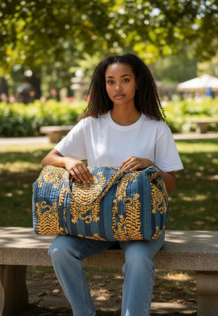 Blue Tiger Quilted Weekend Duffel Bag - Stylish Travel Bag | The Bamboo Bird
