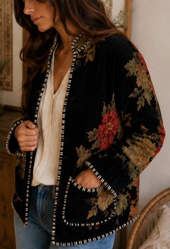 Black Velvet Jacket - Boho Floral Jacket