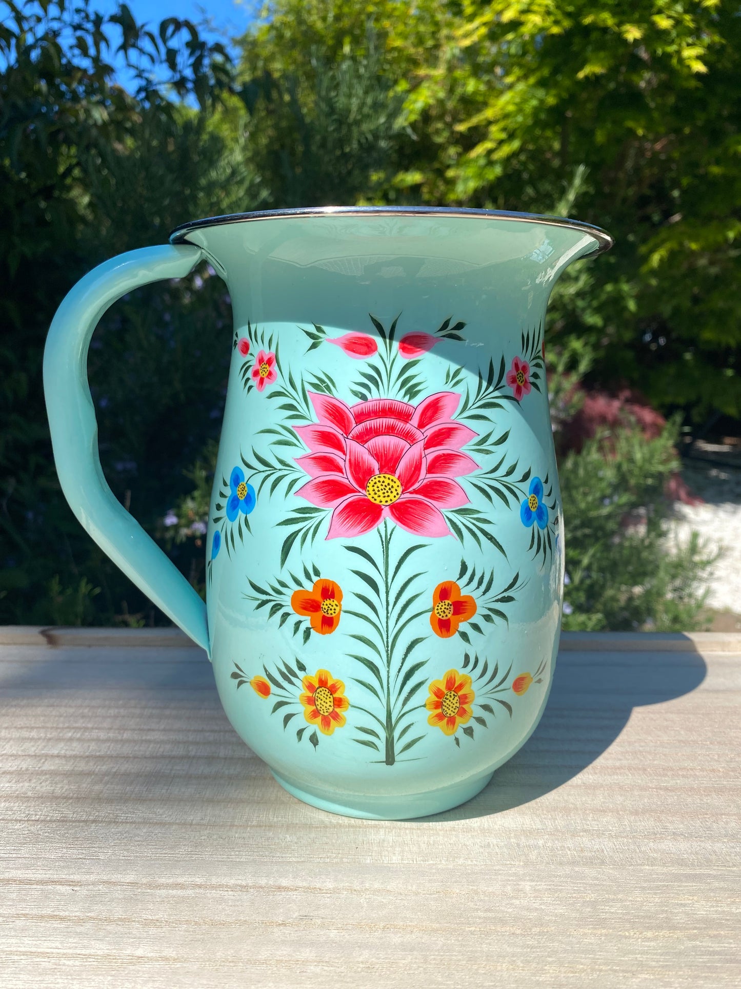 Stainless Steel and Enamel Jug from Kashmir - The Bamboo Bird