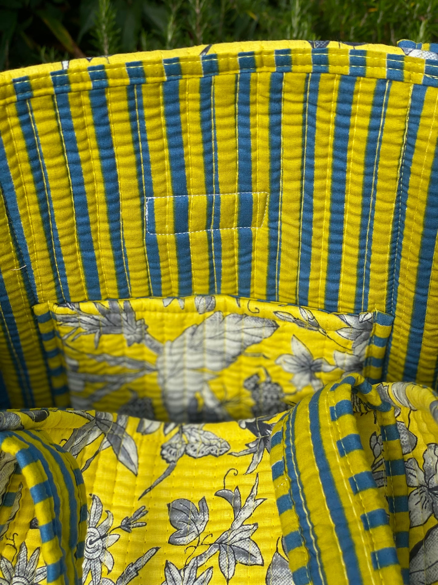 Bright Yellow and Grey Floral Quilted Tote Bag