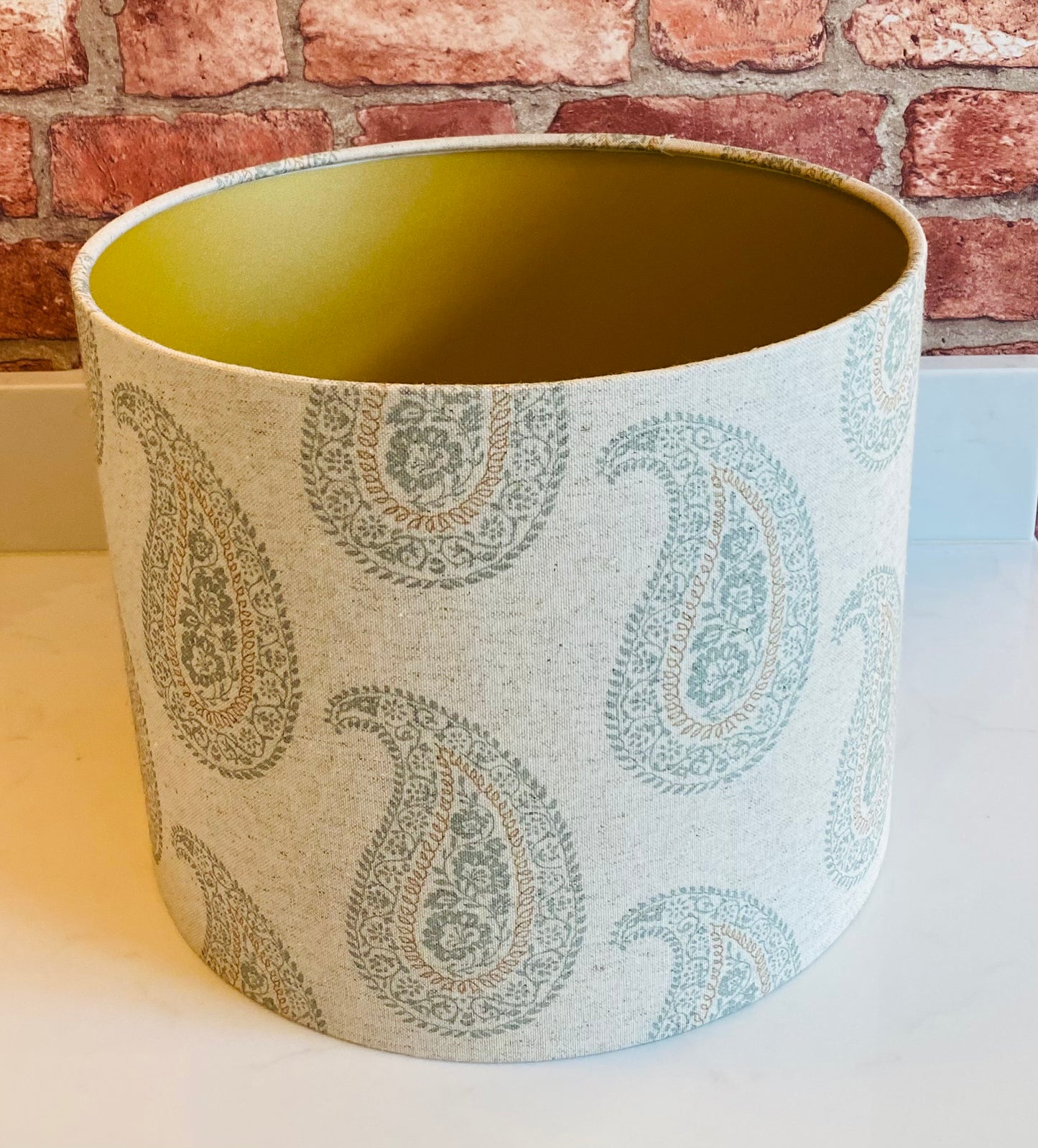 Block Print Linen Lampshade in Duck Egg Blue and Fawn with Brushed Gold Lining