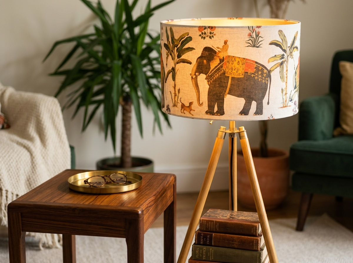 Indian Maharaja and Elephant Linen Drum Lampshade in Cream