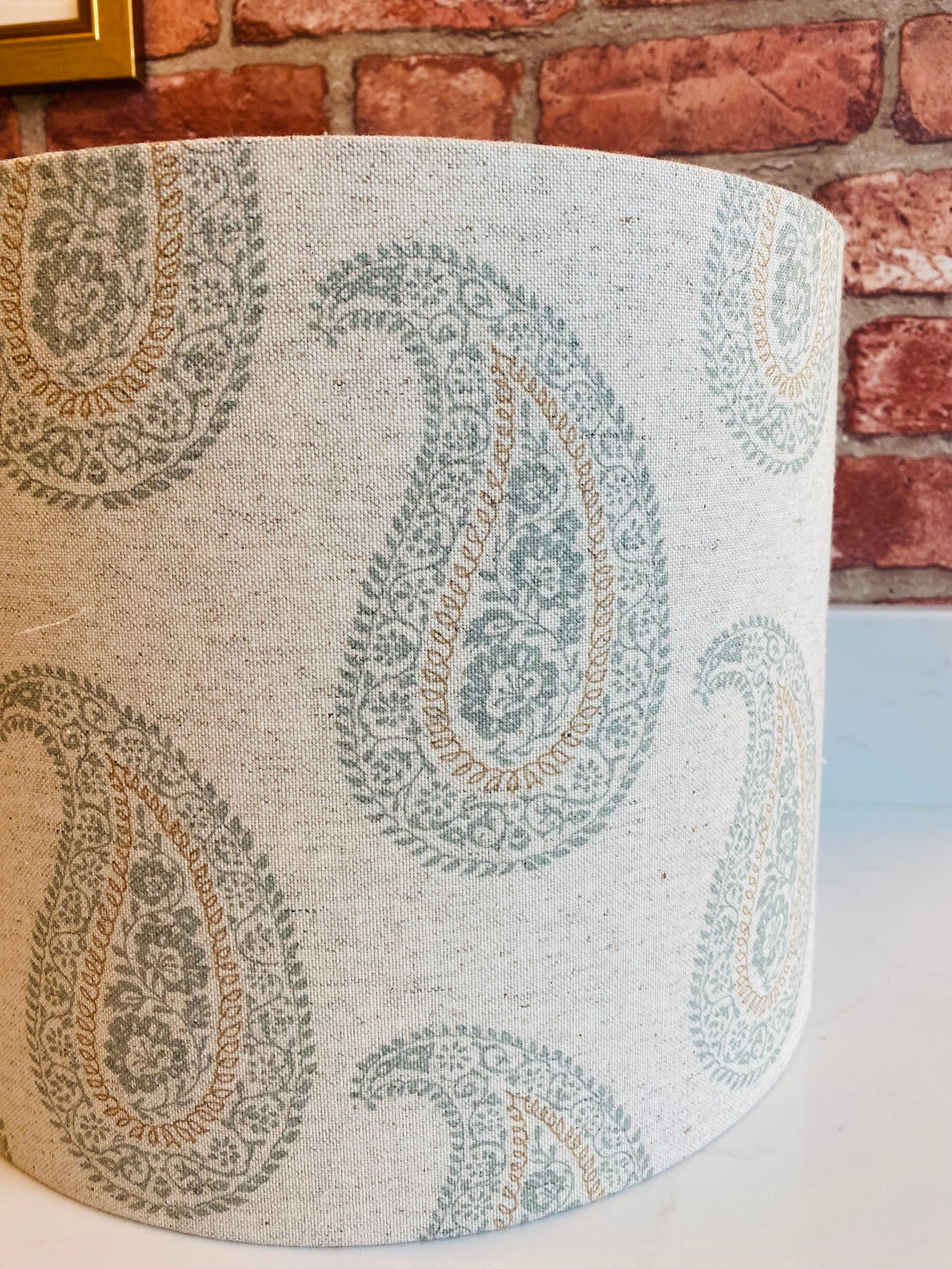 Block Print Linen Lampshade in Duck Egg Blue and Fawn with Brushed Gold Lining