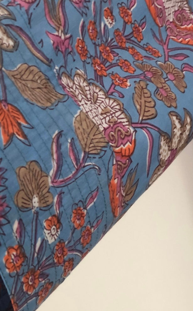 Cotton Kimono jacket in pale blue with pink, fawn, orange and white flowers