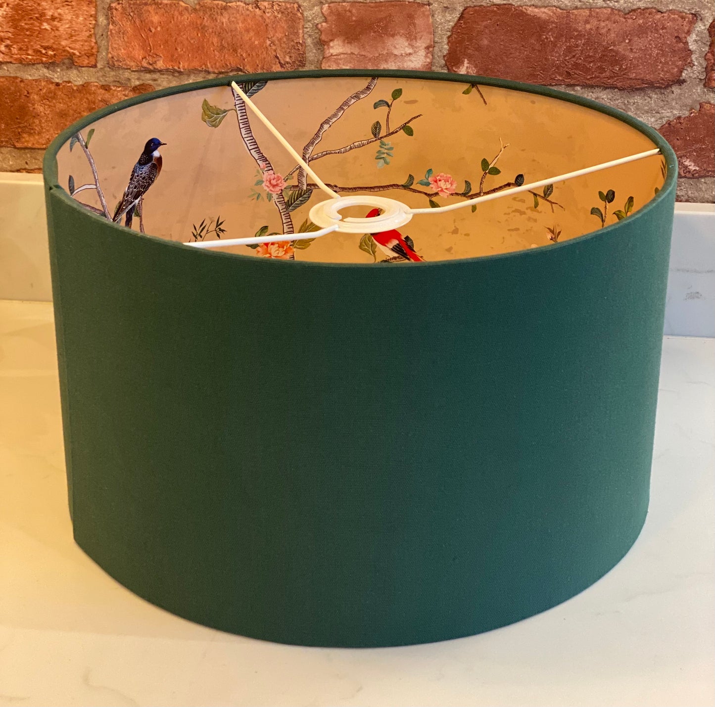 Dark Green Lampshade with Gold Chinoiserie Bird Lining