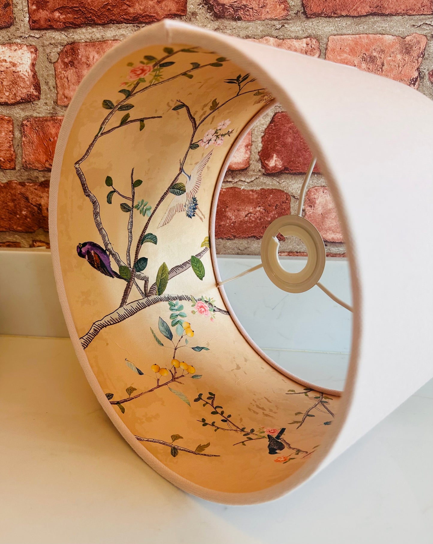 Pale Pink Lampshade with Gold Chinoiserie Bird Lining | Luxury Handmade Drum Lampshade