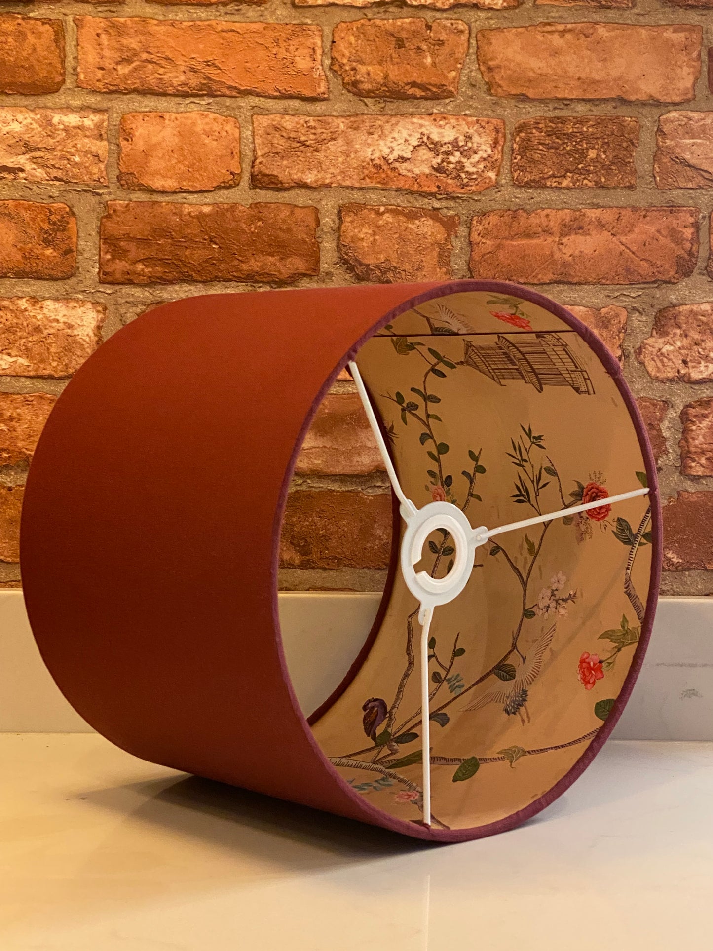 Burgundy Lampshade with Gold Chinoiserie Bird Lining