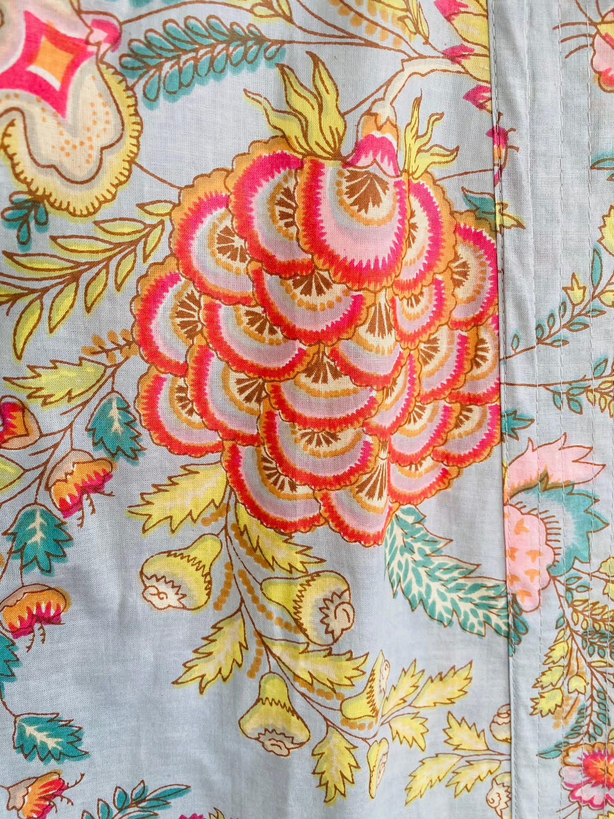 pale blue fabric with pink and yellow flowers