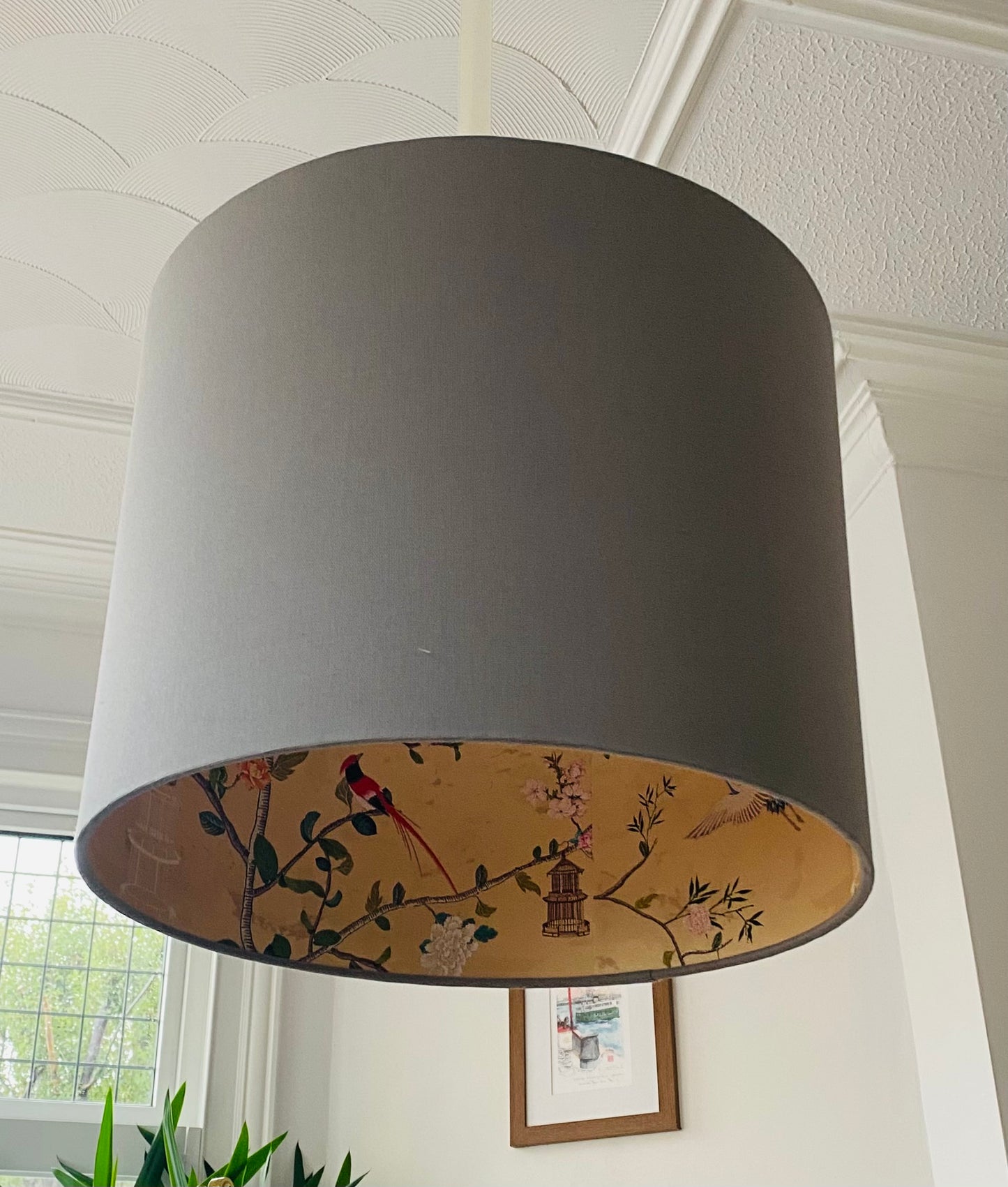 Grey Lampshade with Gold Chinoiserie Bird Lining