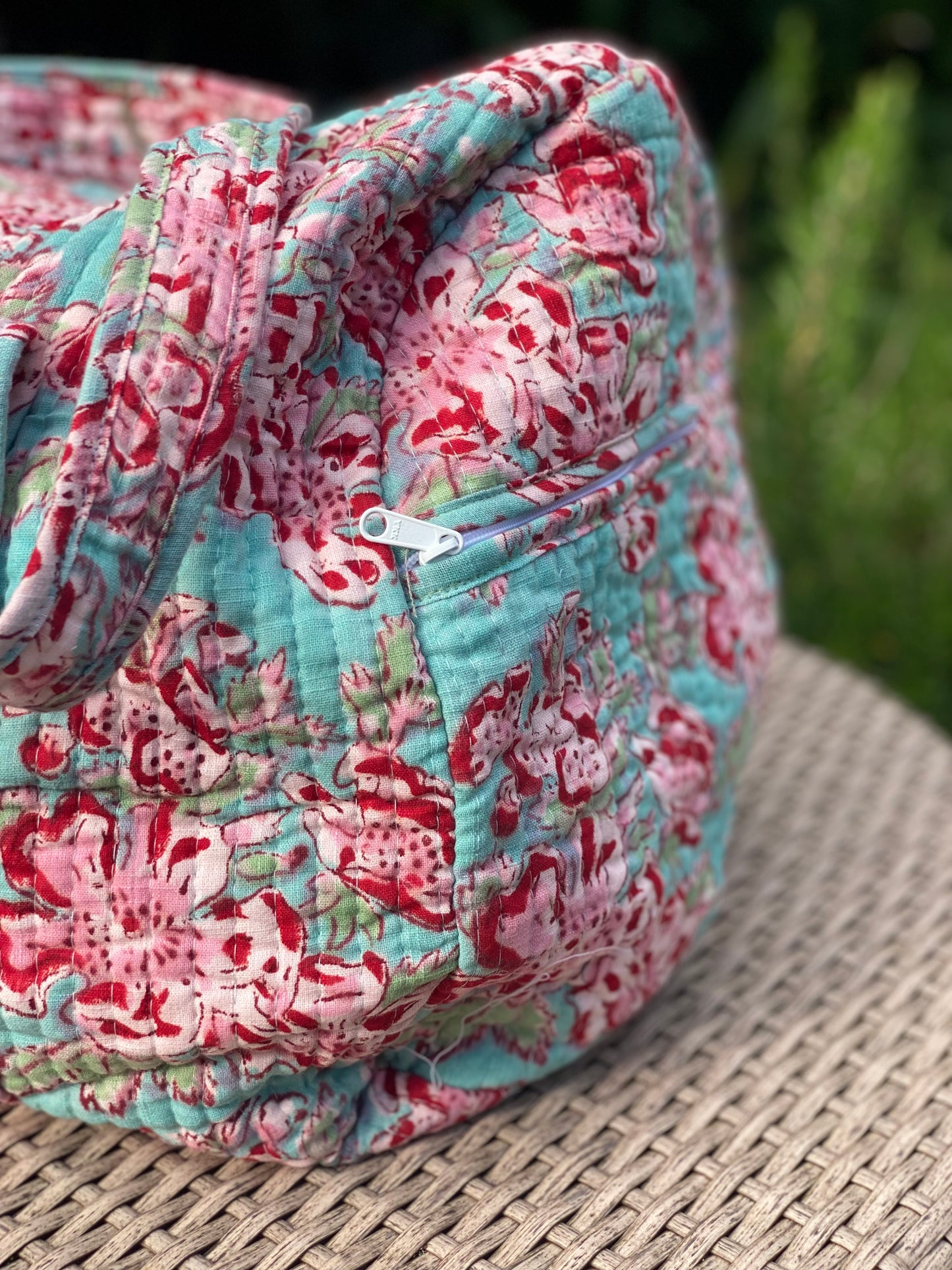 Pink and Blue Floral Quilted Weekend Duffel Bag