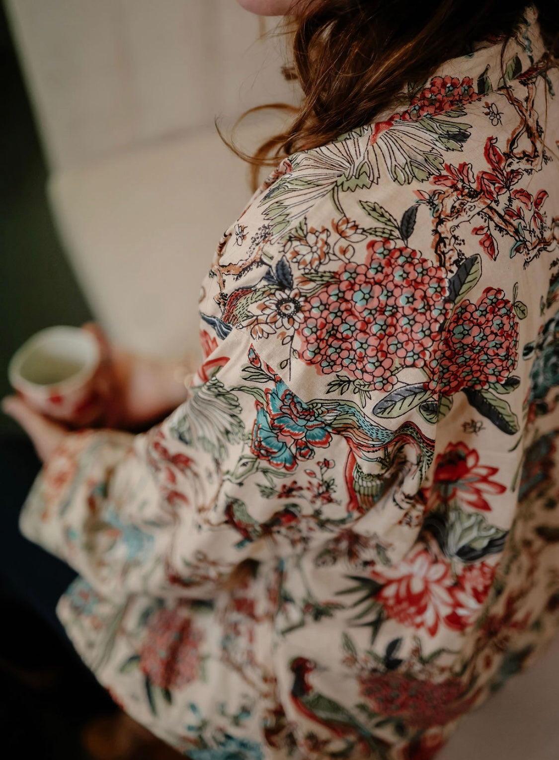 Pale Pink Chinoiserie Kimono Jacket with Birds and Flowers
