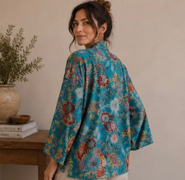 Cotton Kimono Jacket in Turquoise with Pink, Yellow and Blue Flowers - Standard and Plus Size