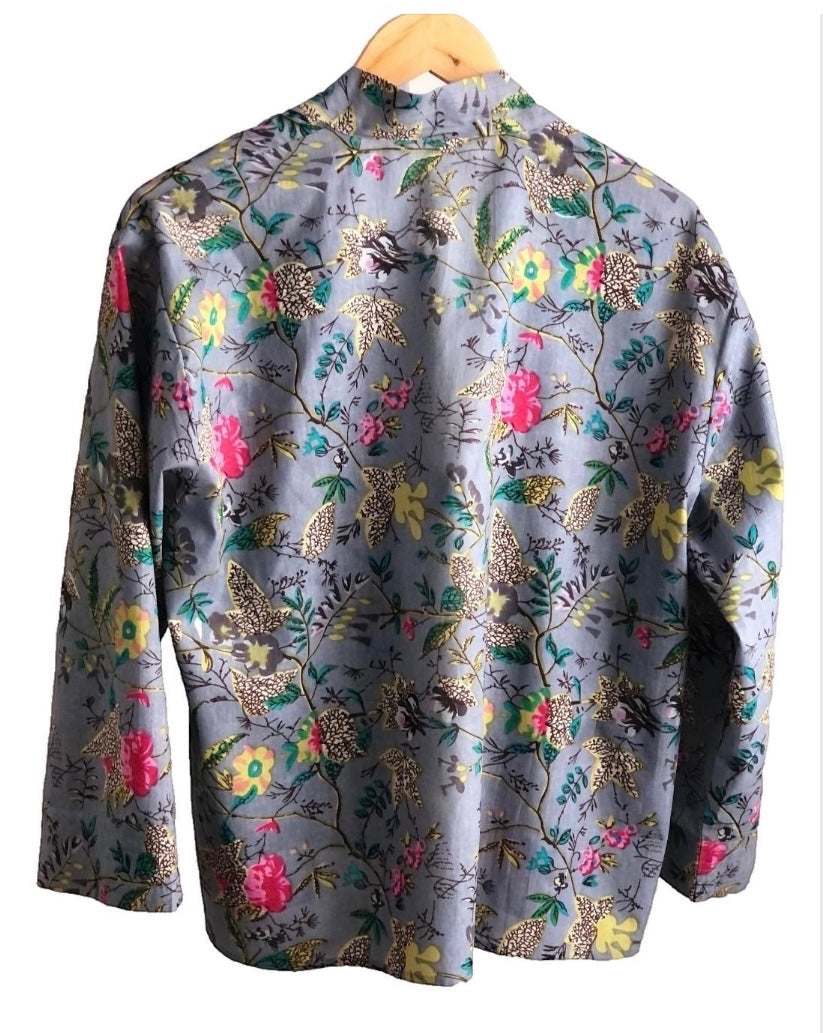 Dusky Blue Chinoiserie Kimono Jacket with Birds and Flowers
