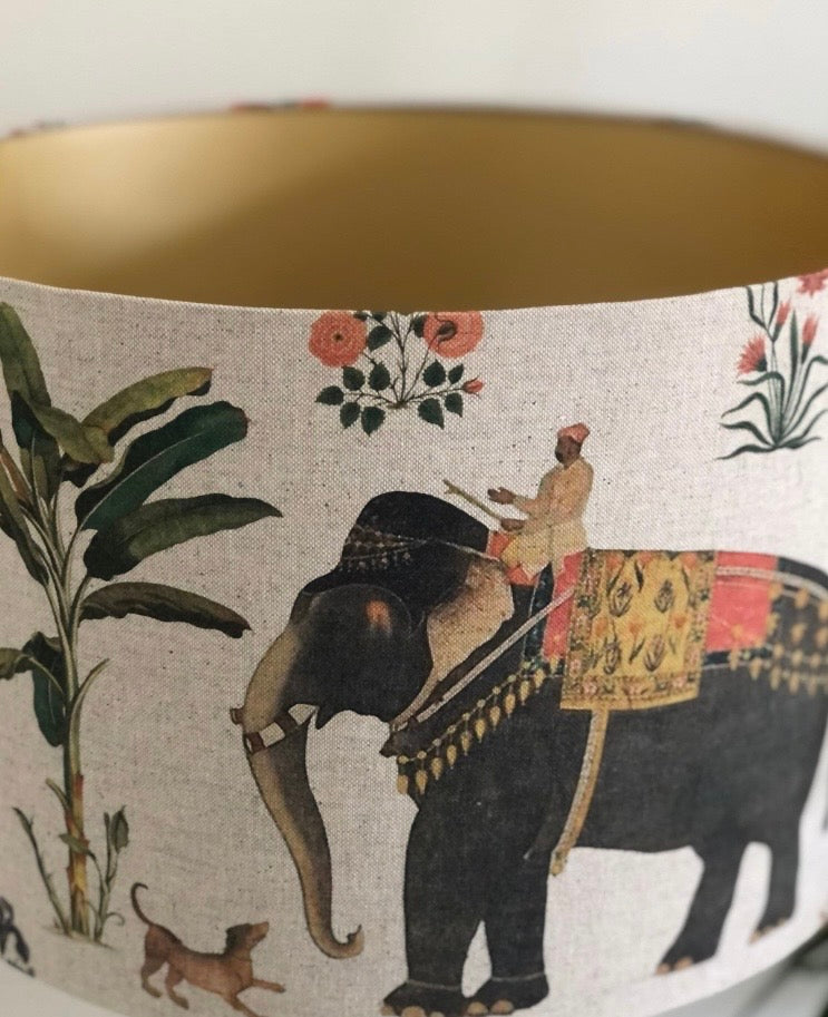 Indian Maharaja and Elephant Linen Drum Lampshade in Cream