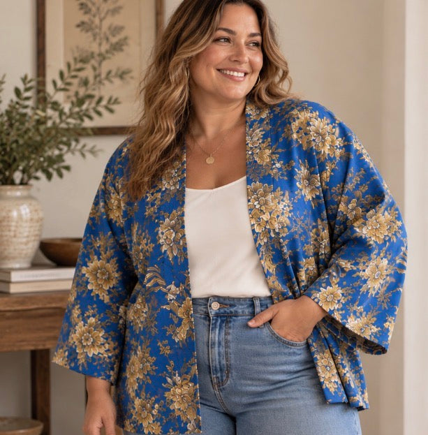 Bright Blue Kimono Jacket with Cream Flowers - Standard and Plus Size