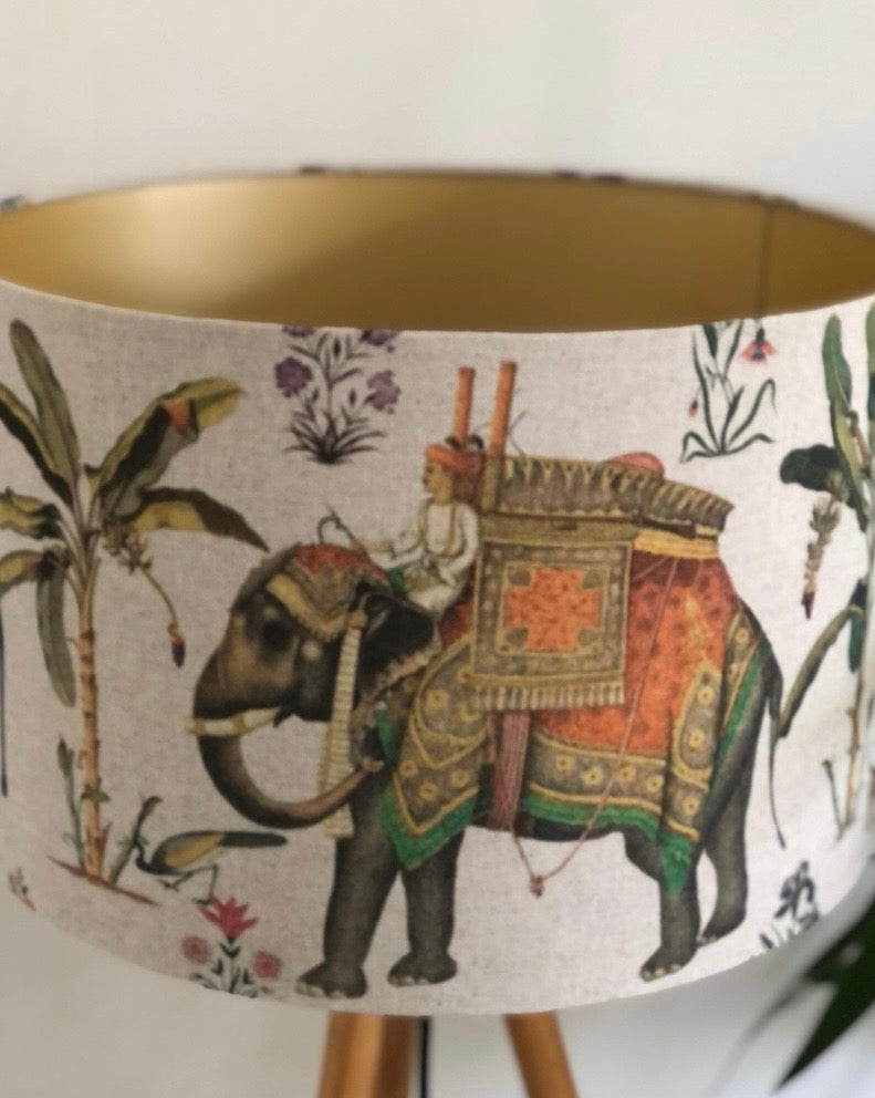 Indian Maharaja and Elephant Linen Drum Lampshade in Cream